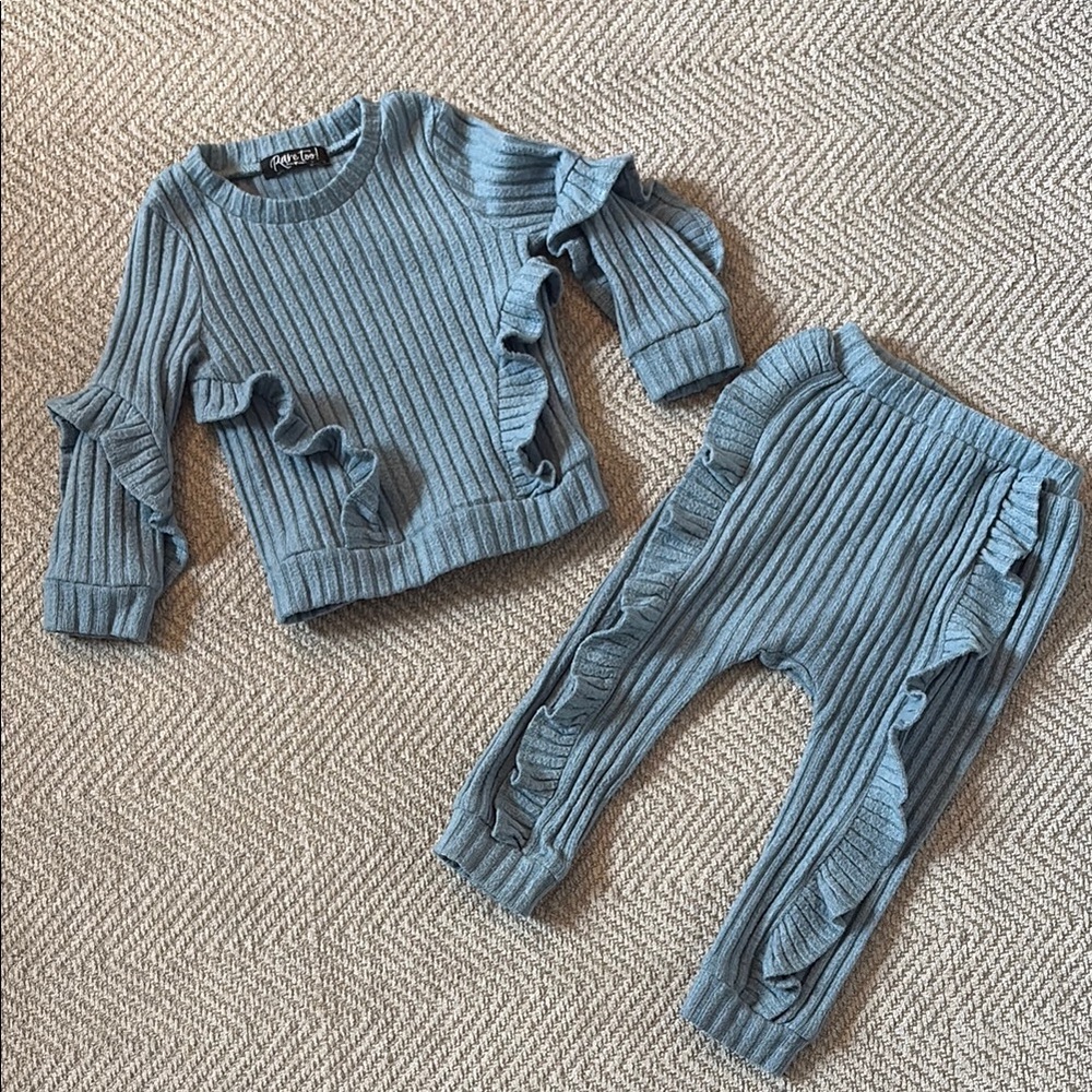 Rare Too! Ruffled Ribbed Knit Set in Blue